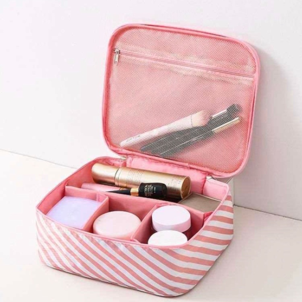 Pink White Stripe Zip Waterproof Compartmentalized Cosmetic Toiletry Case Bag